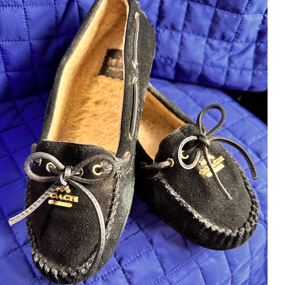 Coach Antonia Black Suede Shearling Lined Moccasin Slippers Loafers Women Size 9